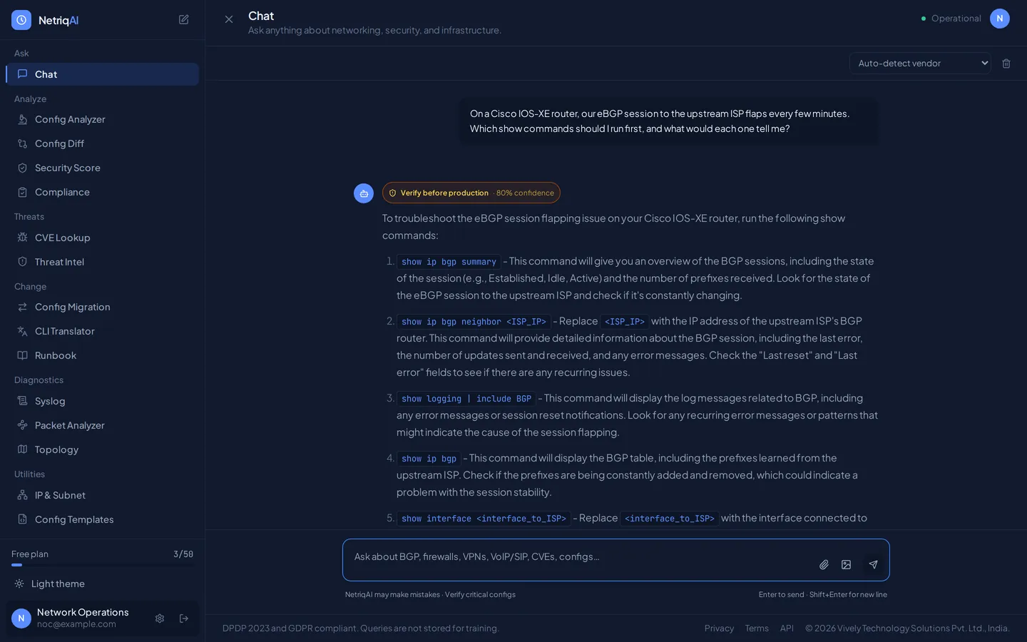 NetriqAI answering a Cisco IOS-XE eBGP flapping question with five show commands, each explained, marked 'Verify before production' at 80% confidence.