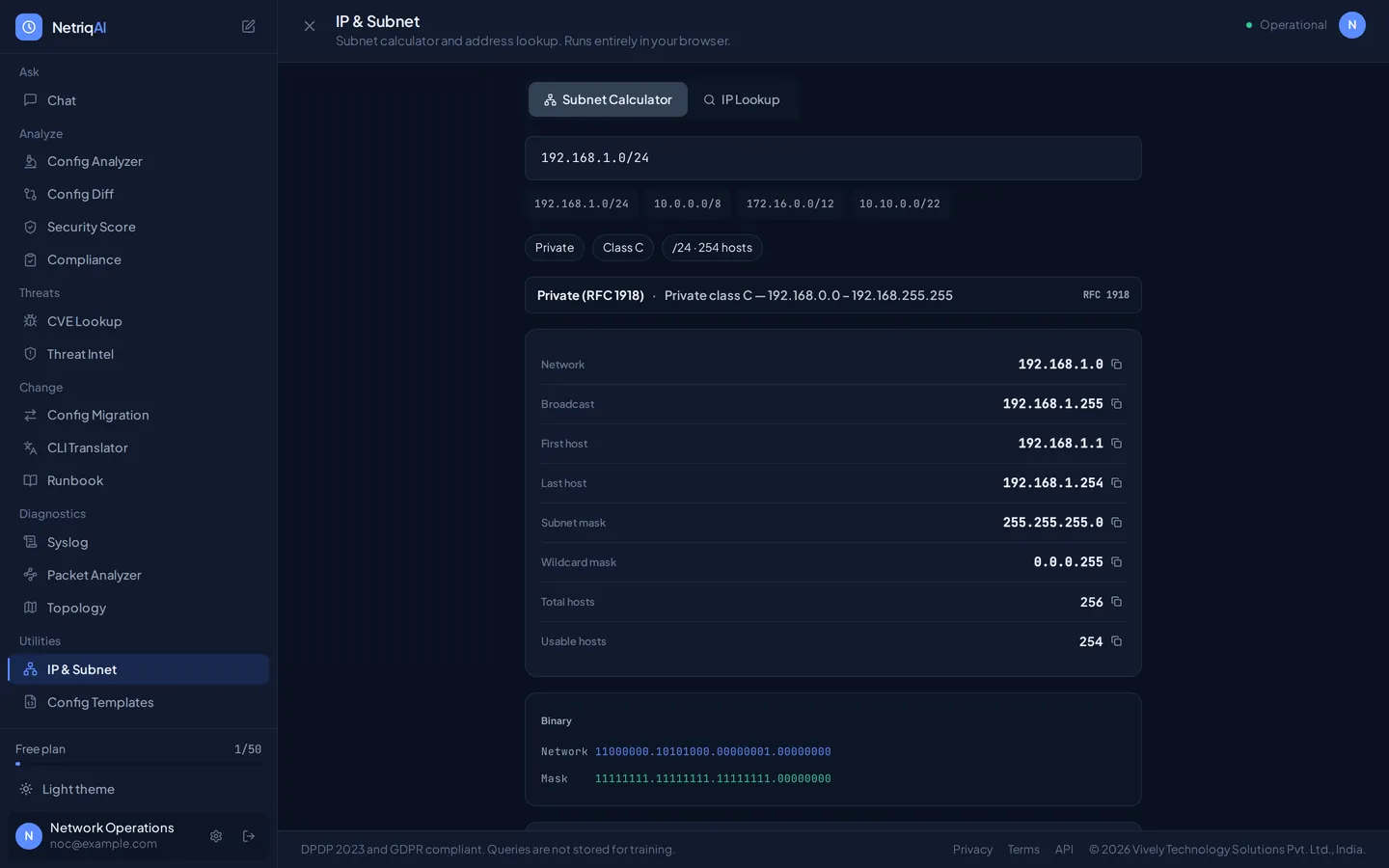 Subnet calculator showing network, broadcast, host range, masks and binary representation for 192.168.1.0/24.