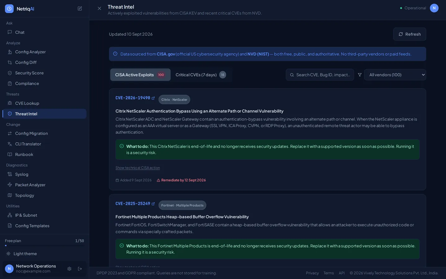 Threat Intel listing CISA actively-exploited vulnerabilities with remediation guidance and due dates.